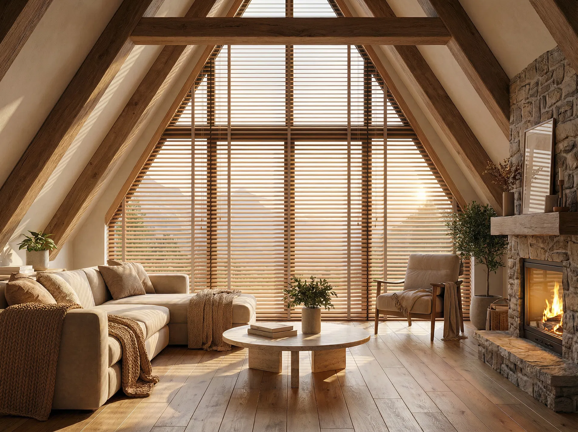 Jaluzele din lemn montate in casa A-frame cu perete de sticla triunghiular